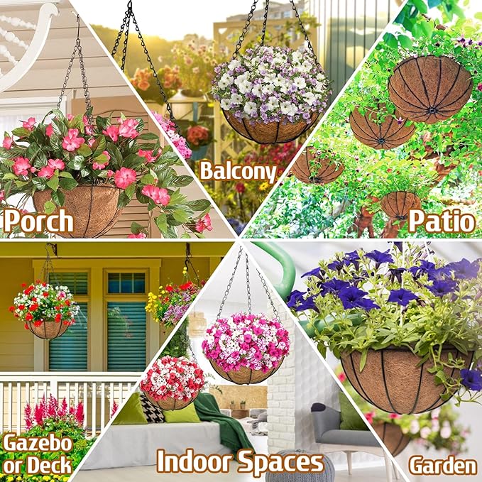 ZeeDix 2 Pack 14 Inch Metal Hanging Baskets for Plants Outdoor, Wire Round Planters with Coco Coir Liner, Hanging Flower Baskets for Home Garden Porch Balcony Railings Decor ZeeDix