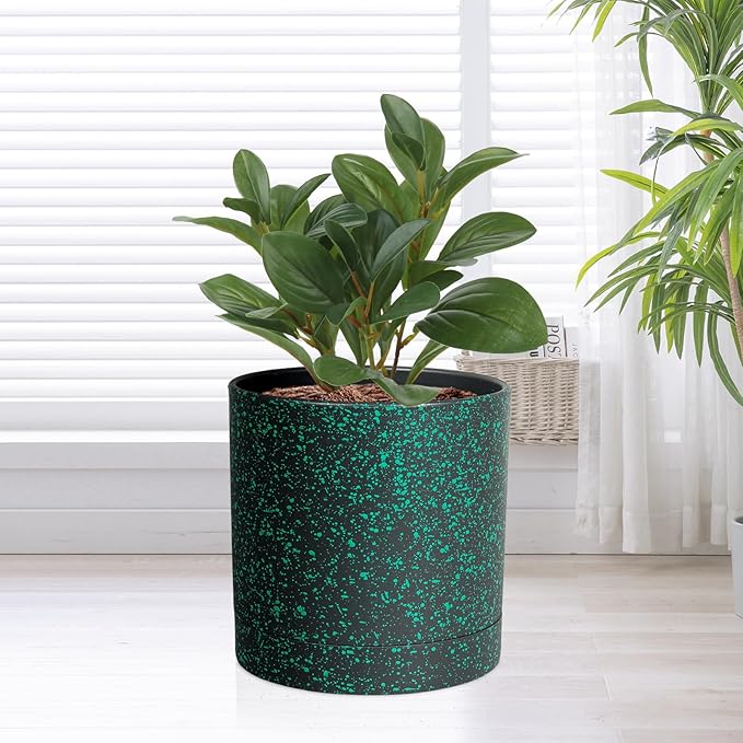 7/6.5/6/5/4 inch Plant Pots, 5 Pack Cylinder Flower Pots for Small Indoor Outdoor Plants, Plastic Planters with Drainage Holes and Saucer for Garden Succulent Plants, Black With Green Speckles Meowell