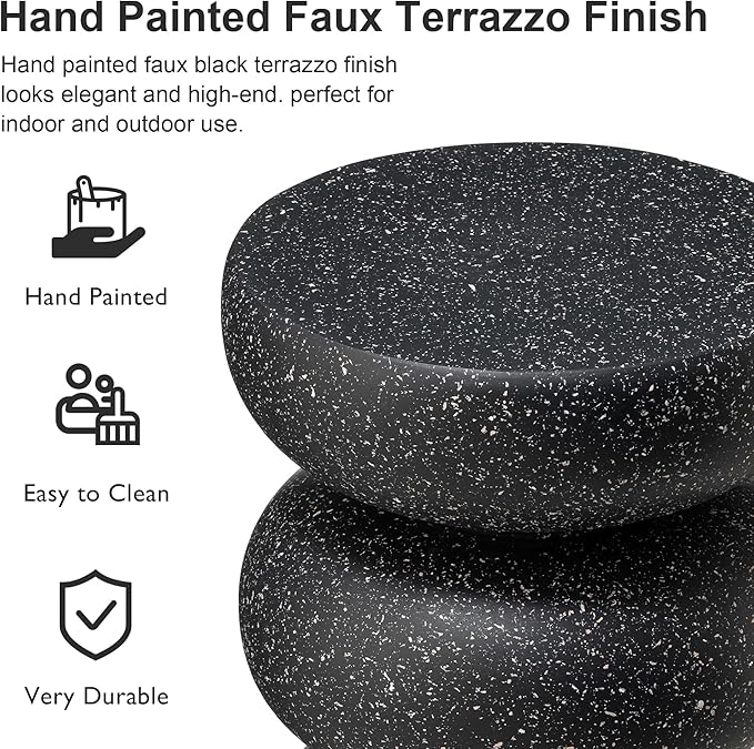 Glitzhome Outdoor Side Table, 18" H Decorative Garden Stool MGO Faux Terrazzo End Table, Heavy Duty Indoor Outdoor Round Planter Stand for Living Room Bedroom Patio Deck Poolside,Black Glitzhome