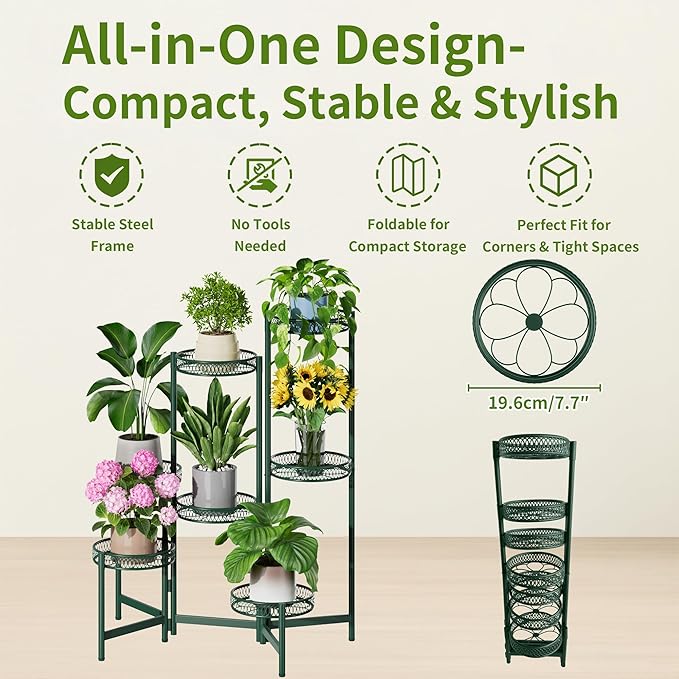 7 Tier Metal Corner Plant Stand Indoor Outdoor, Folding Tall Plant Rack, Heavy Duty Wrought Iron Flower Pot Stand, Planter Display Rack for Living Room Balcony Garden Patio - GreenFlower Rootora