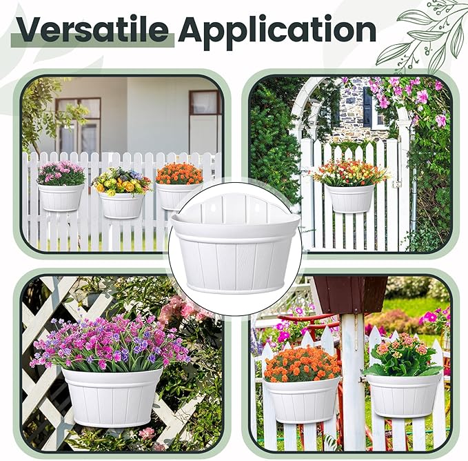Layhit 6 Pcs Wall Hanging Planters Outdoor Pot Planter Wine Barrel Planter Distressed Oak Thickened Plastic Water Storage Flower Pots for Flower Indoor Outdoor(10 Inches,White) ShungLan