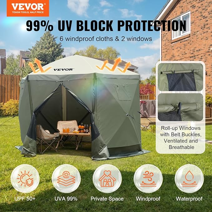VEVOR Pop Up Gazebo Screen Tent 6 Sided Canopy Sun Shelter with 6 Removable Privacy Wind Cloths & Mesh Windows, 10x10FT Quick Set Screen Tent with Mosquito Netting, Army Green VEVOR