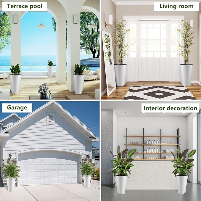 Sieral Set of 2 Tall Outdoor Planters 12 x 18 Inch Large Resin Outdoor Planters for Front Porch Flower Round Floor Decorative Indoor Pots with Drainage(White) Sieral