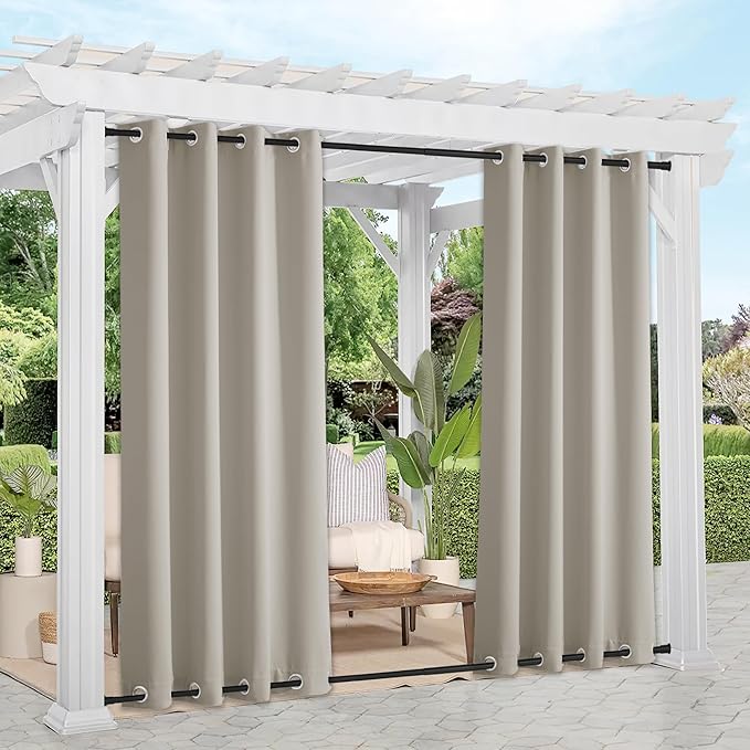 NICETOWN 2 Panels Natural Outdoor Curtains for Patio Waterproof, Rustproof Top & Bottom Grommet Weighted Windproof Drapes Thermal Insulated Blackout Outdoor Blinds for Porch/Gazebo, W52 x L84 NICETOWN