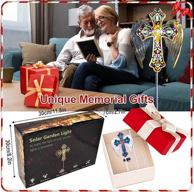 YJFWAL Solar Glass Cross Garden Stake Light, Cemetery Decorations for Grave Outdoor Lights, Easter Jesus Cross Angel Wings Sympathy Memorial Gifts, for Garden Lawn Yard Patio Decor YJFWAL