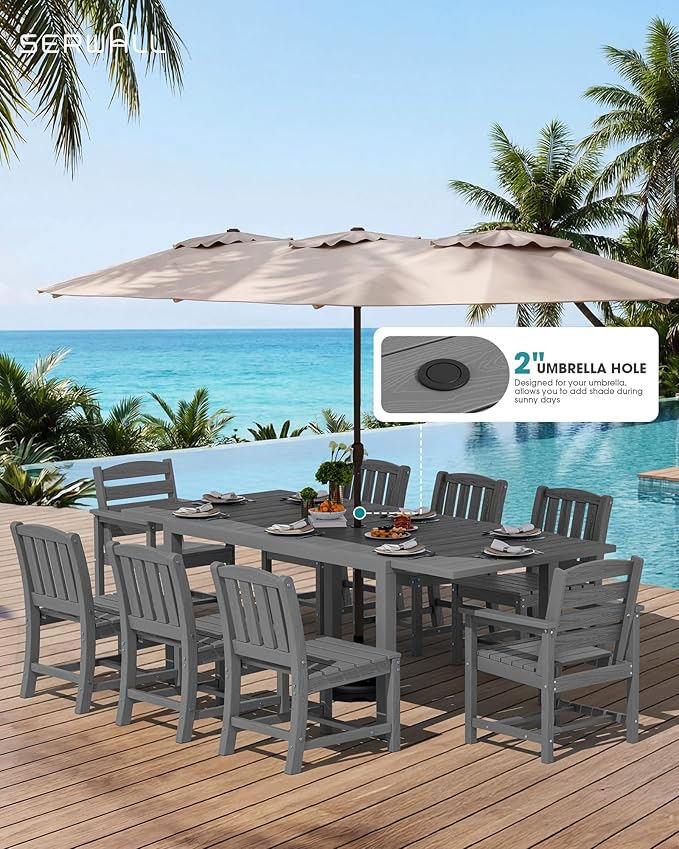 SERWALL 9-Piece Outdoor Dining Set, 60" - 83" Expandable Outdoor Dining Table and 8 HDPE Chairs, All Weather HDPE Outdoor Furniture Set for Backyard, Garden, Grey SERWALL