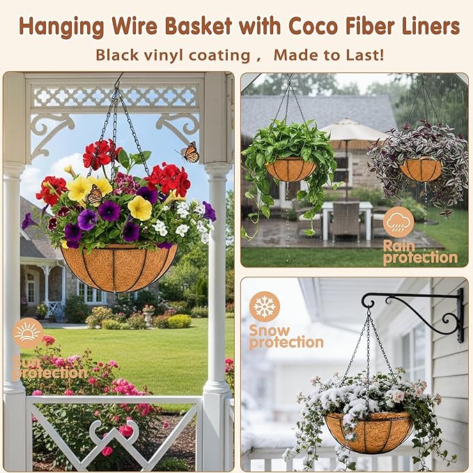 8 inch Metal Hanging Baskets For Plants Outdoor 4 Pack Round Metal Wire Hanging Basket Planter with Coco Fiber Liners Chain Round Wire Plant Holder for Garden, Patio, Deck, Porch Plants Flower Potss JFFLYIT
