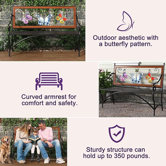 39.7" Outdoor Bench, Garden Bench, Patio Bench with Armrest, Slatted Seat and Butterfly Pattern Backrest for Outside, Front Porch, Park, Lawn, Backyard and Balcony, Cast Iron Metal Frame, Black KINGBO