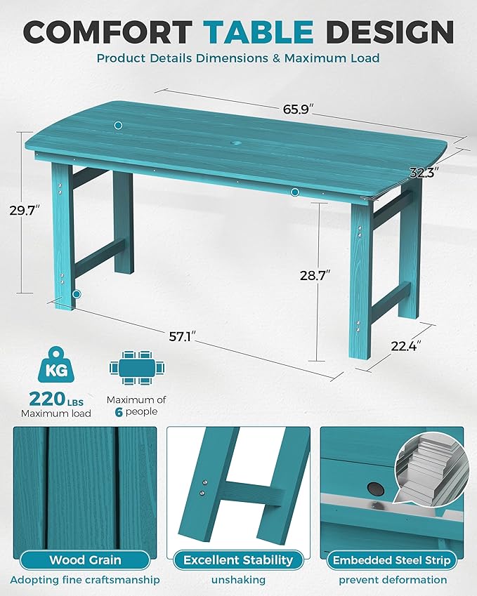 Ciokea HDPE Outdoor Dining Table with Umbrella Hole,66" Rectangle Patio Table for 6,All-Weather Outdoor Patio Furniture Set for Garden Backyard, Lake Blue CIOKEA