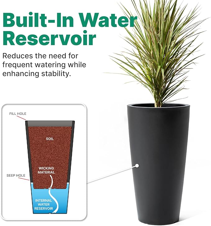 Step2 Tremont Tall Round Tapered Planter, 28" Tall, Indoor/Outdoor Plants, Efficient Drainage, Durable Resin, Onyx Black Step2