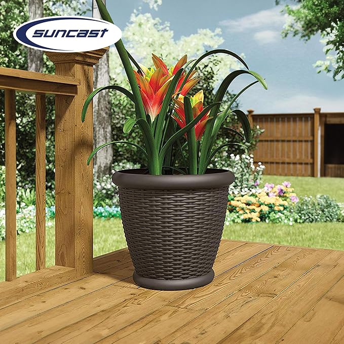 Suncast 4 Pack Wicker Planter w/ Drillable Drain Holes, Decorative Indoor/Outdoor Pot, 18in, Java Suncast