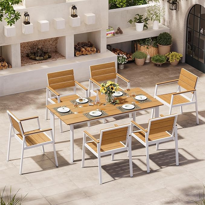Aluminum Outdoor Dining Set for 6, Patio Table and Chairs Set with Umbrella Hole, 7 Pieces HDPS Outdoor Furniture Sets for Patio, Garden (White & Teak) Oasbira