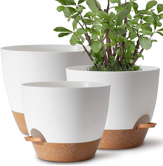 Plant Pots 12/10/9 inch Set of 3, Self Watering Flower Pots Indoor Outdoor, Planters with Drainage Hole Saucer Reservoir, White TYMENSH
