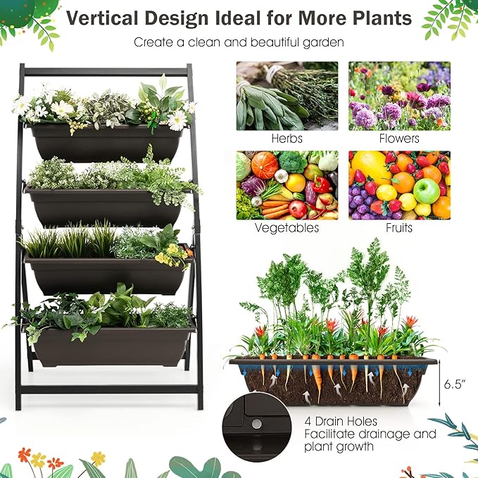 Giantex 2 Pcs 4.1FT Vertical Raised Garden Bed, 4-Tier Elevated Planter Box w/4 Containers & Drainage Holes, Indoor Outdoor Freestanding Planter for Vegetables, Herbs, Flowers, Heavy-Duty Metal Frame Giantex