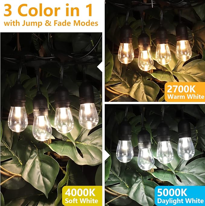 Mlambert 96Ft(2x48ft) 3-Color in 1 48Ft LED Dimmable Outdoor String Lights with Remote, Plug-in 2700K/4000K/5000K Waterproof Lights for Patio Cafe Mlambert