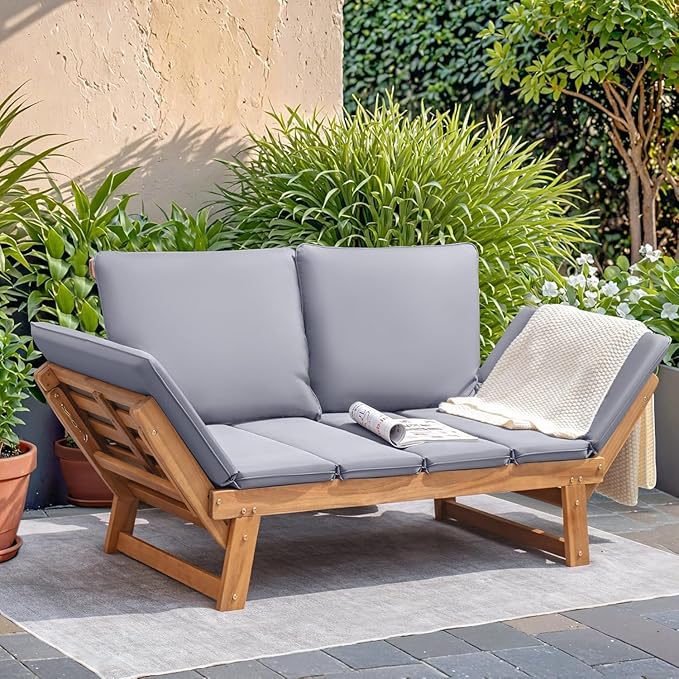 Devoko Outdoor Couch Acacia Wood Patio Couch with Adjustable Armrests, Outdoor Convertible Sofa with Removable Cushions & Pillows for Patio, Porch, Poolside(Grey) DEVOKO