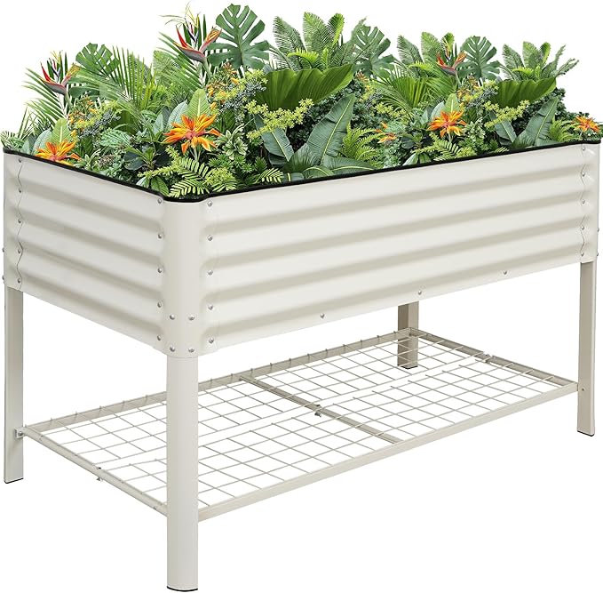 Elevated Raised Garden Bed 2' x 4'- Galvanized Metal Planter Boxes with Legs & Storage Rack, Outdoor Planters for Backyard/Patio/Balcony, with Drainage Holes for Vegetables, Flowers, Herbs, White GGOODGAIN