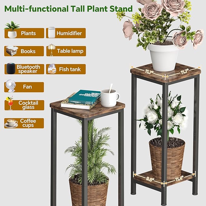 Homeiju 2-Pack Plant Stand Indoor, 2 Tier Wood Corner Plant Stand, Modern Square Plant Shelf Flower Stand for Living Room Patio Balcony Garden, Rustic Brown Homeiju