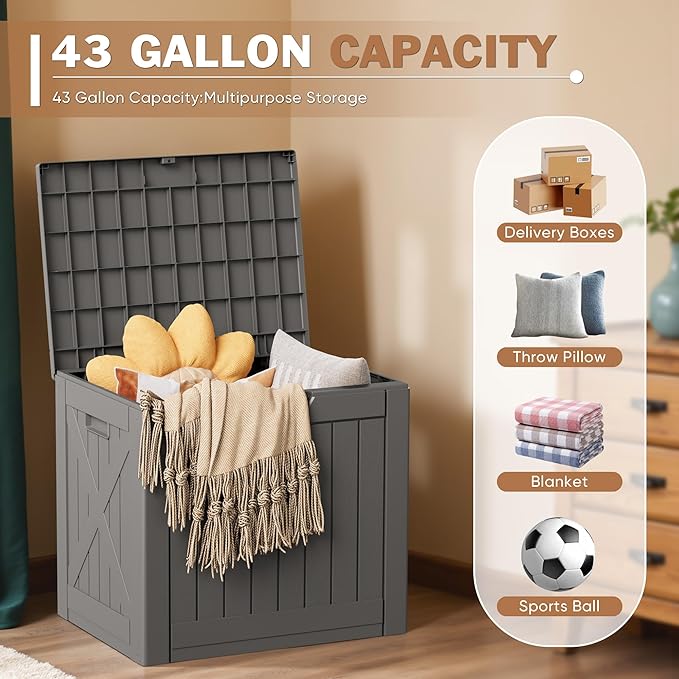Patiowell 43 Gallon Resin Deck Box, Outdoor Storage Box for Patio Furniture, Deliveries, Pool Supplies,Waterproof and Lockable (Grey) Patiowell