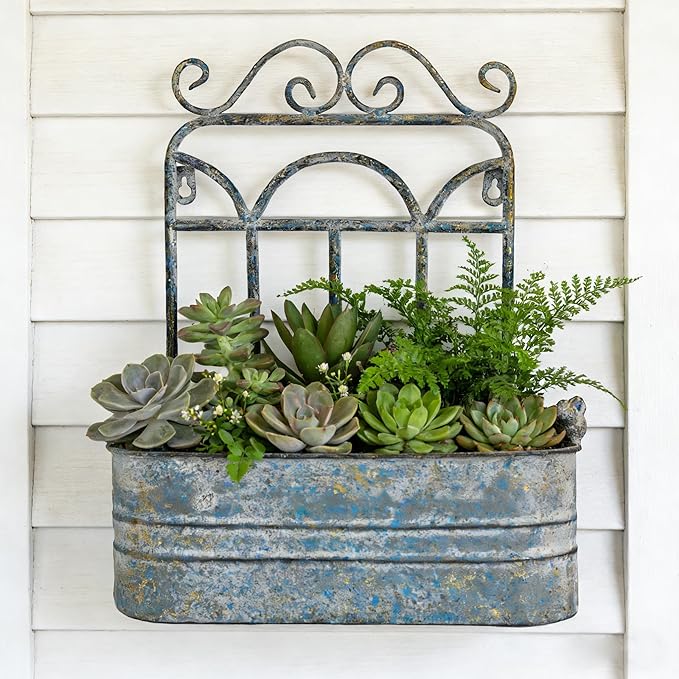 Rustic Metal Wall Planter Vintage Wall Mounted Flower Pot Distressed Wall Hanging Plant Basket Farmhouse Wall Decor for Indoor Outdoor Garden Home Yard (Gray) Rootora