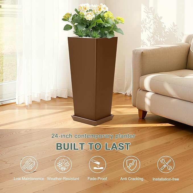 Set of 2 Large Planters for Outdoor Plants 24" Tall Tapered Modern Flower Pots with Drainage Tray for Garden, Patio, Porch (Brown) PolarcoForgeco