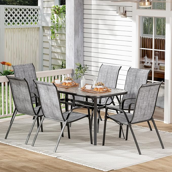 TLSUNNY 7 Pieces Patio Dining Set, Outdoor Table and Chairs W/1.69″ Umbrella Hole, 30"X 55" Table and Stackable Textilene Chair, All Weather Patio Furniture Set (Umbrella not Included) (Grey) TLSUNNY