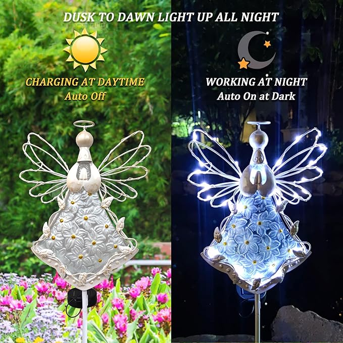 38Inch Angel Solar Lights Outdoor Decorative-Metal&Glass Angel Hydrangea Flower Garden Stake Lawn Light- Waterproof 30 Warm White LED for Remembrance Gifts & Grave Decorations (White) COOZZYHOUR