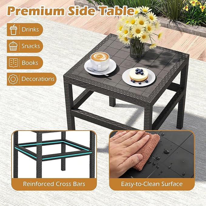 COSTWAY 3 Piece Patio Furniture Set, Outdoor PP Rattan Wicker Furniture Set with 2 Modern Rattan Armchair and 25” Squire Side Table for Patio, Garden, Poolside, Bistro, Black COSTWAY