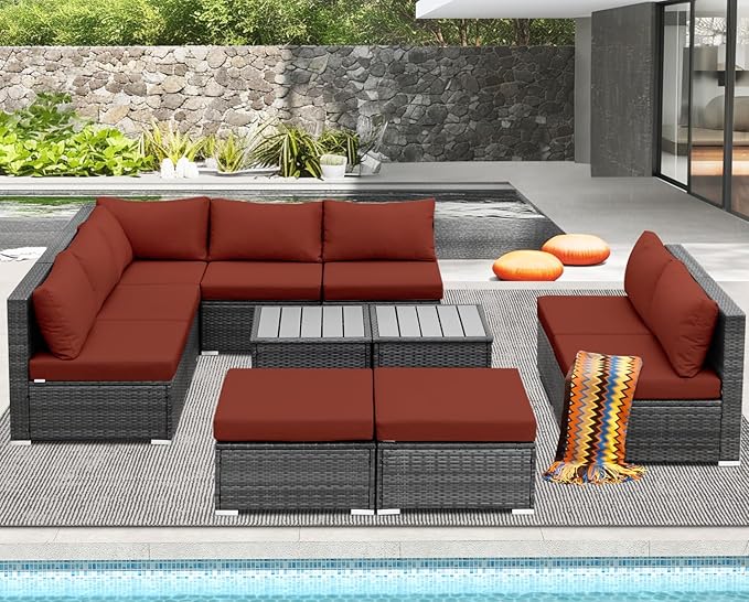 NICESOUL 11 Piece L Shape Patio Furniture Set, 29.3'' High Back Comfy Rattan Outdoor Conversations, Big Size Deep Seated Contemporary Sectionals for Backyard Deck Porch, 2 Color Cushion Red & Gray NICESOUL