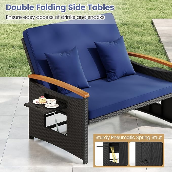 Tangkula Patio Rattan Daybed with 4-Level Adjustable Backrest, Outdoor Wicker Loveseat with Acacia Wood Armrest, Storage Ottoman & Folding Tray, Double Sunbed for Yard & Poolside (Navy & Black) TANGKULA