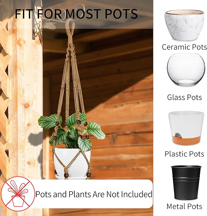 Macrame Plant Hanger - Fits 4 to 15 inches Pots for Indoor Outdoor, 43"/35"/29" Different Sizes Set, Brown (POTS NOT Included) IDEEEPAN