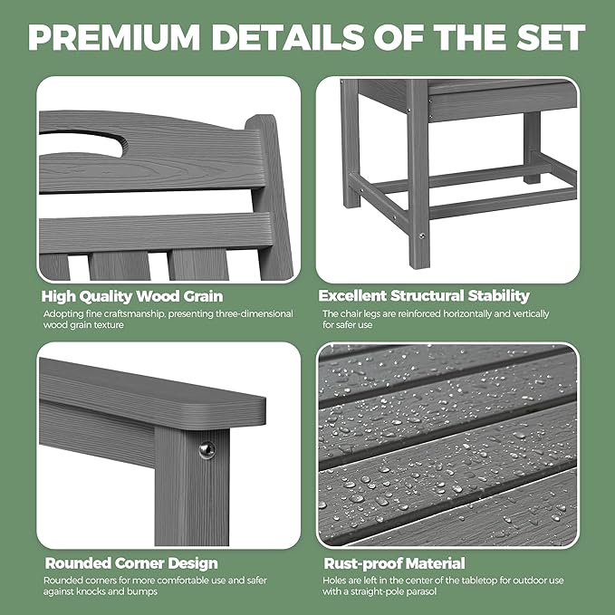 HDPE Outdoor Patio Dining Set with Table & 6 Chairs, All-Weather 7-Piece Outdoor Table and Chairs, 2" Umbrella Hole, Patio Furniture for Garden, Backyard, Deck | Grey Suunyn