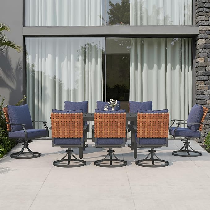 Grand patio 9-Piece Outdoor Dining Set, 8 Leather-Look Wicker Blue Swivel Patio Chairs & 1 Expandable Dining Table, Black GrandPatio
