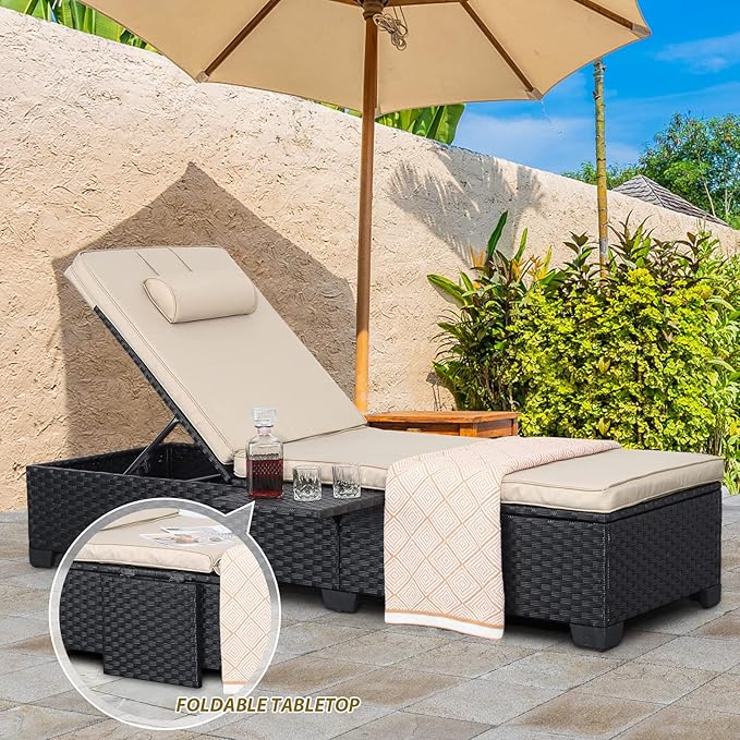 WAROOM Outdoor Chaise Lounge Chairs for Outside Patio Furniture Set of 2 Wicker Recliner Black Rattan Sunbathing Lounger Adjustable Backrest Pool Reclining Chair, Khaki Cushion WAROOM