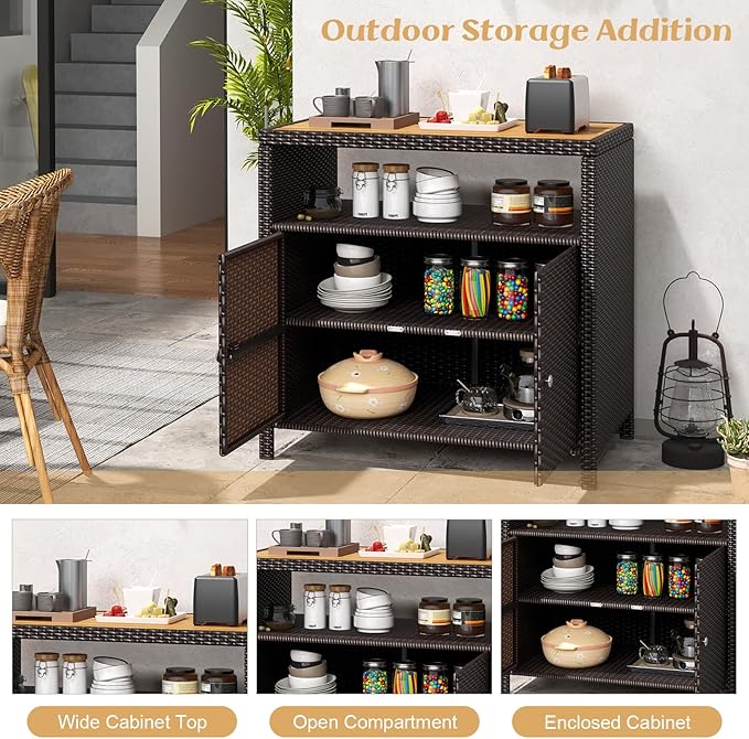 Tangkula Rattan Outdoor Storage Cabinet, Patiojoy Outdoor Cabinet with Acacia Wood Countertop, Open Compartment, 2-Door Wicker Sideboard, Outdoor Bar for Patio Garden Backyard Poolside (Mix Brown) TANGKULA