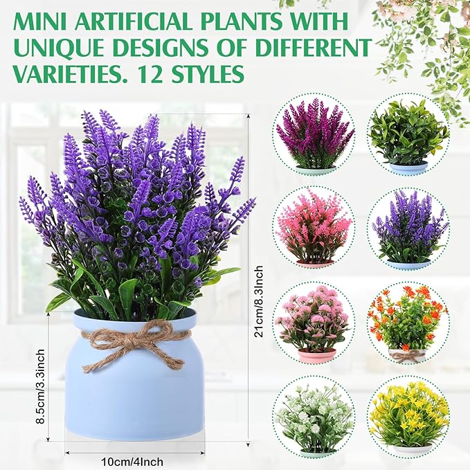 Cindeer 12 Pcs Large Artificial Potted Flowers Fake Potted Plants Plastic Faux Flowers for Home Decor Indoor Artificial Plants in Pots for Wedding Home Desk Tabletop Outdoor Office Kitchen (Vintage) Cindeer