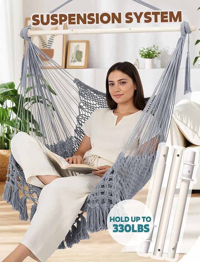 Chihee Hammock Chair Super Large Soft-Spun Cotton Rope Weaving Hanging Chair, Collapsible Strong Metal Spreader Bar Wide Seat Lace Stretch Swing Chairs Indoor Outdoor Garden Yard Theme Decoration Chihee