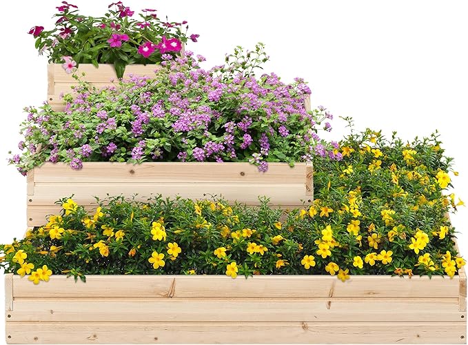 Yaheetech 3 Tier Wooden Raised Garden Bed 44.5'' L×44.5″ W×20.5″ H, 2 PCS Horticulture Open-Bottom Planter Raised Garden Bed for Flowers/Herbs/Vegetables Planter Flower Box Yaheetech