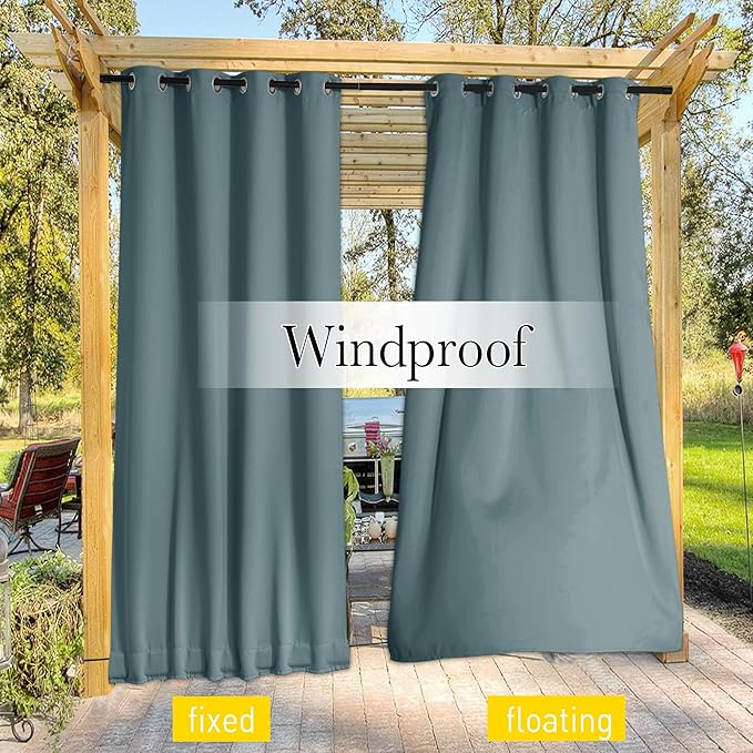 NICETOWN Outdoor Curtains for Patio Waterproof 108 inches Long 2 Panels, Windproof Thermal Insulated Top & Bottom Grommet/Back Tab Privacy Drapes with Rope for Fixed, Greyish Blue, W52 x L108 NICETOWN