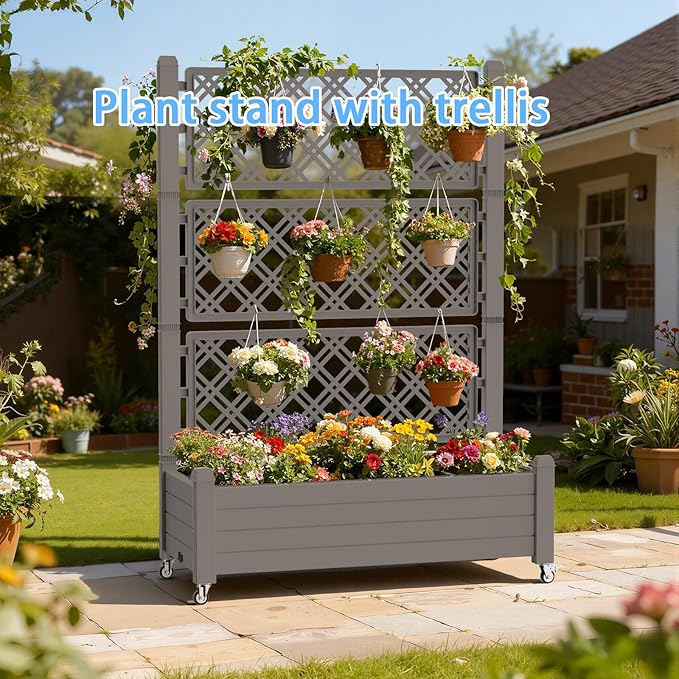 Mobile Garden Planter with Trellis & Lockable Wheels, Outdoor Raised Bed with Drainage & Water Gauge, Weather-Resistant Resin for Patio, Balcony, Yard, Dust-Resistant (Grey, 43.43*18.27*64.29) EASYUP