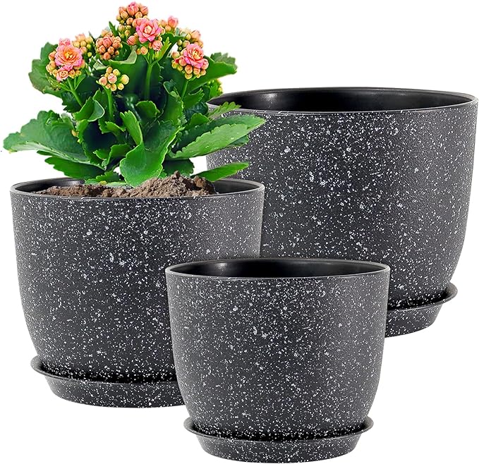 Plant Pots 10/9/8 inch, Set of 3 Modern Decorative Plastic Planters with Drainage Holes and Saucers for Garden House Plants, Flower Pots for Indoor Outdoor Plants, Speckled Black WSMKSZ