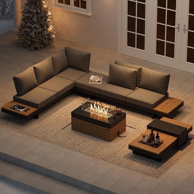 homary Patio Conversation Sets with Fire Pit-Modular Outdoor Sofa Aluminum & Teak Outdoor Sofa Se with Glass Wind Guard Ideal for Patios & Balconies, 6 Pepole Homary