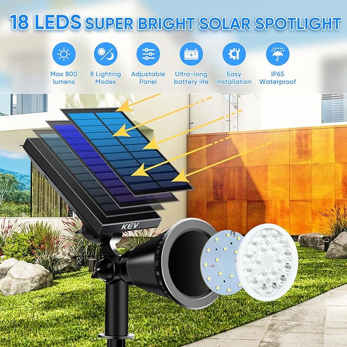 KEV 800 Lumens Solar Spot Lights Outdoor,18 LEDs Solar Flood Lights with 2 Modes &Adjustable &IPX65 Waterproof,Solar Spotlight for Driveway/Backyard/Patio Landscape/Tree/Garage(Cool White, 2 Pack) KEV
