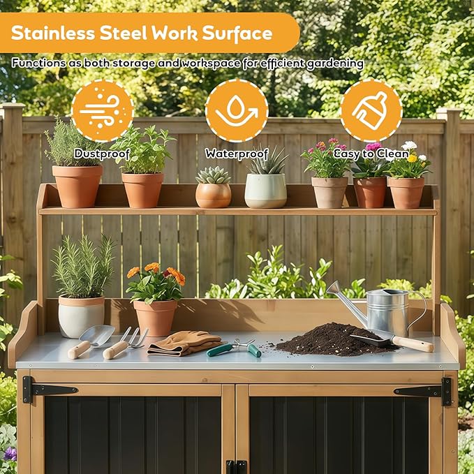 Potting Bench Table & Outdoor Storage Cabinet with Lockable Wheels, Adjustable Shelves, Mobile Waterproof Metal Top Workstation for Garden Patio BBQ Organization, Magnetic Latch & Edge Guard PETSCOSSET