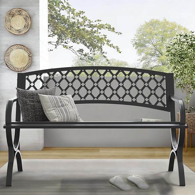 On Shine 50'' Patio Garden Bench, Loveseats Patio Park Bench,Black Steel Cast Iron Frame Bench,Metal Bench Outdoor for Porch Yard Lawn Deck (Grid) Rootora