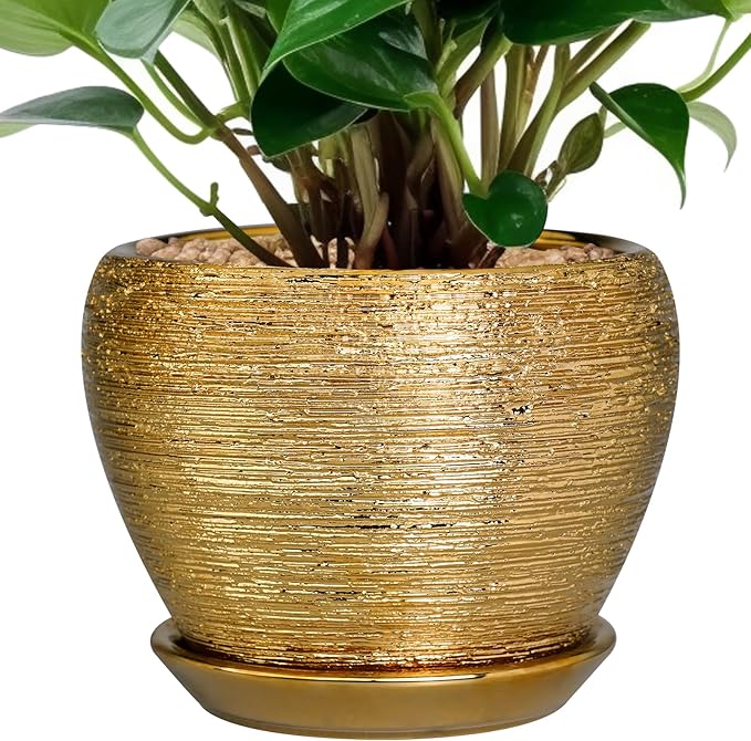 Indoor Plant Pot 6 Inch - Ceramic Pot for Plants Outdoor Planter with Drainage Hole and Saucer Round Decorative Planter Modern Flower Pot for Home Decor Gold Ceramicfor