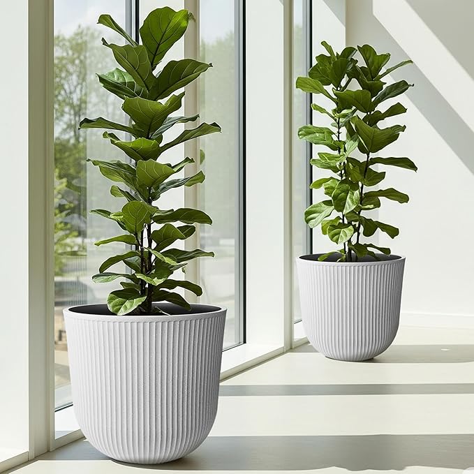 WORTH Garden Round Large Planter Pot Set of 2-17.5" Dia x 15.5" H - Durable Plastic White Plant Tree Pots with Vertical Stripe Textured Finish, Drainage Hole for Indoor, Outdoor, Front Porch, Patio WORTH