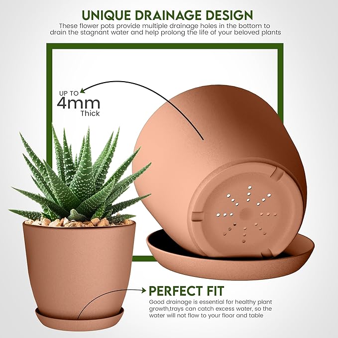 Utopia Home - Plastic Terracotta Pots with Drainage - 7/6.6/6/5.3/4.8 Inches Flower Pots for Indoor Planter - Pack of 5 Plastic Planters, Cactus, Succulents Pot UTOPIAHOME