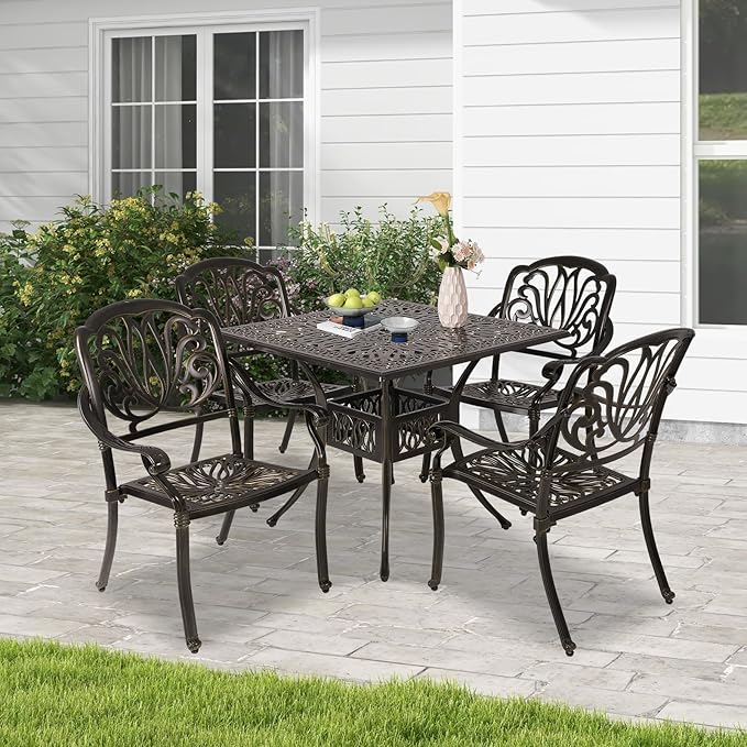 Cast Aluminum Outdoor Patio Dining Set, All Weather Outdoor Furniture Dining Set for Patio, Balcony, Lawn, Garden, Backyard (1 Square Table+ 4 Dining Chairs) Sumshadow