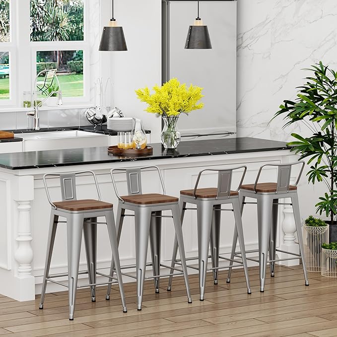 Yongchuang 30 inch Bar Stools Set of 4 Bar Height Metal Barstools with Wood Seat Low Back Kitchen Bar Chairs Silver YongchuangInternational